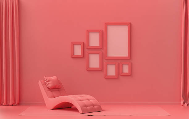 istock Wall mockup with six frames in solid flat  pastel light pink, pinkish orange color, monochrome interior modern living room with meditation bed, without plant, 3d rendering 1370394150