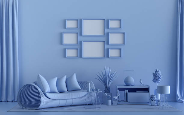 istock Minimalist living room interior in flat single pastel light blue color with 8 frames on the wall and furniture and plants, in the room, 3d Rendering 1370394205