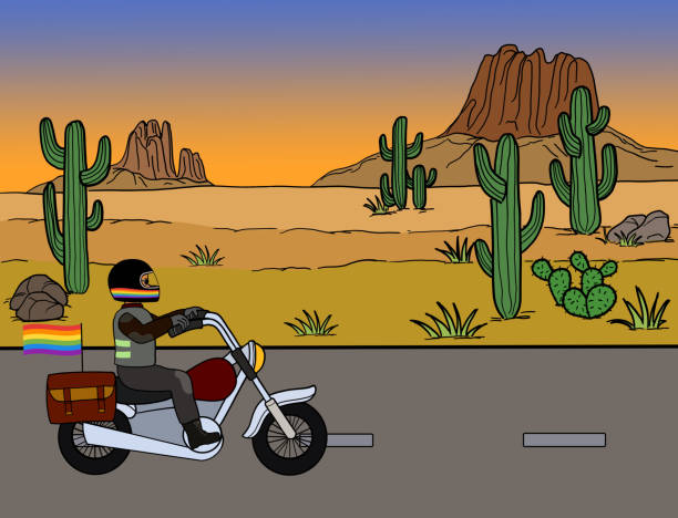 Gay pride riding motorcycle road trip A gay motorcyclist or motorist wearing pride rainbow helmet riding a cruiser motorbike with a gay flag on a highway road in desert landscape, Arizona. LGBTQ+ freedom ride travel concept. new mexico landscape stock illustrations