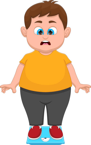 junge schockiert von seinem gewicht - child obesity stock-grafiken, -clipart, -cartoons und -symbole