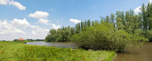 Typical Dutch panorama landscape with a curved dyke. The Biesbosch (Netherlands)