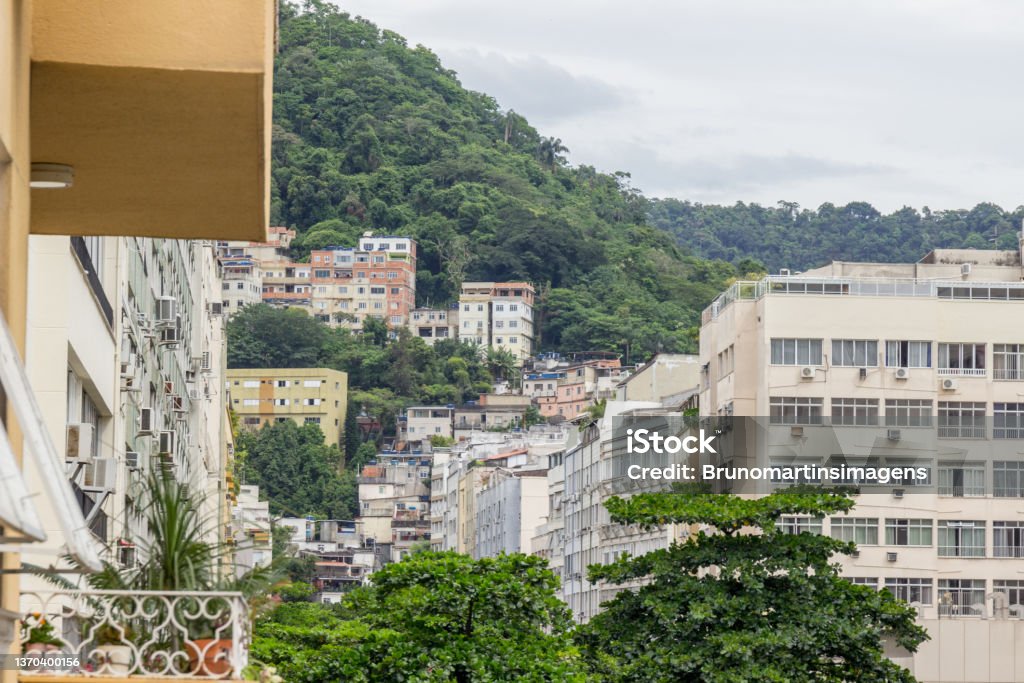 view of the buildings in the Copacabana neighborhood in Rio de Janeiro, Brazil. view of the buildings in the Copacabana neighborhood in Rio de Janeiro. Aerial View Stock Photo