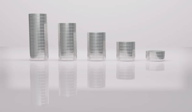istock 3D Rendering concept of silver coin stack on glossy floor and white background. 3D Render. 3d illustration. 1370403094