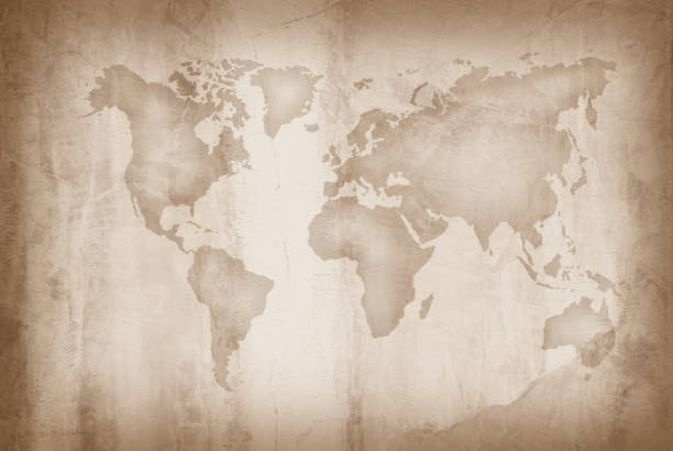 istock World map on an old paper texture background with space for text wind sea marine navigation. Design retro nautical template for marine theme border frame. 1370411536