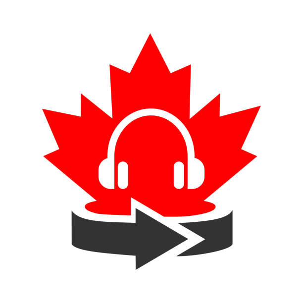 logo muzyki kandyjskiej z liściem klonu. projekt logo maple microphone. kanadyjski mikrofon, logo słuchawek. czerwony liść klonu z wektorem mikrofonu - maple leaf audio stock illustrations
