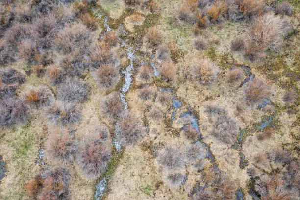 early spring aerial view of North Park in Colorado - tapestry of shrubs, grass and streams