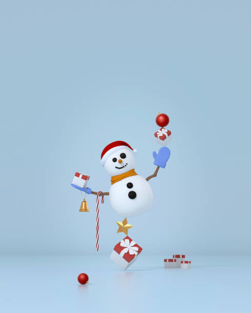 istock Snowman with Christmas decorations balancing on gift boxes and star. 1370413787