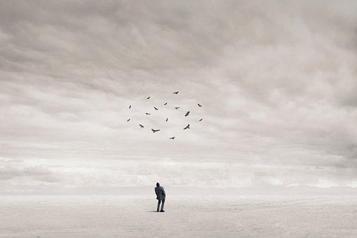 A man standing on a barren desert floor looks up and watches a flock of vultures circling above him.