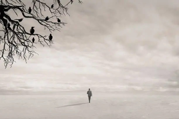 Photo of Man Walking Toward Horizon As Ravens Watch