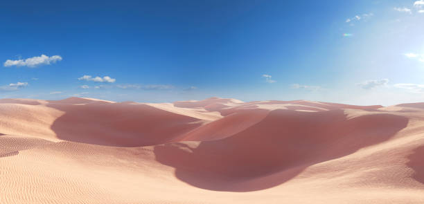 istock 3D rendering Panorama of dunes in a sandy desert, sand dunes under a blue sky. 1370416042