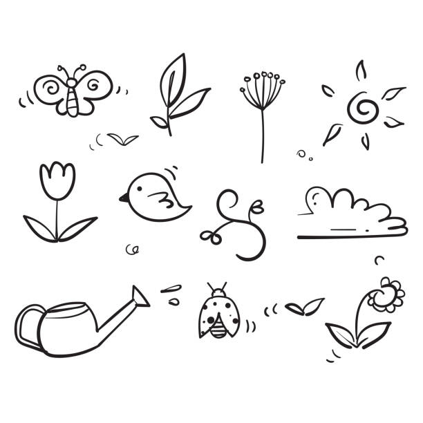 ilustraciones, imágenes clip art, dibujos animados e iconos de stock de garabato dibujado a mano colección de iconos ilustración vectorial - birdhouse bird house ornamental garden