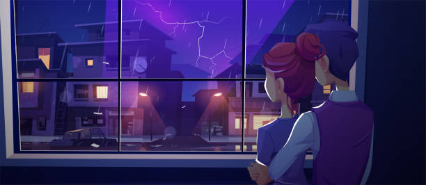 illustrazioni stock, clip art, cartoni animati e icone di tendenza di giovane coppia in piedi alla finestra guardare sulla strada notturna - lightning house storm rain