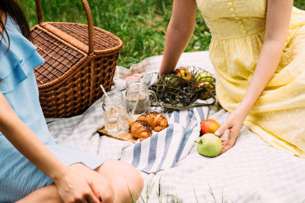 Picnicoutside on the grass with tablecloth, basket, croissants and apples. Summer concept stock photo