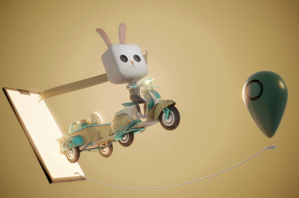 3dイラスト。イースターバニーウサギスクーターに乗って.コンセプトイースター配信コンセプト。 - bunny painting ストックフォトと画像