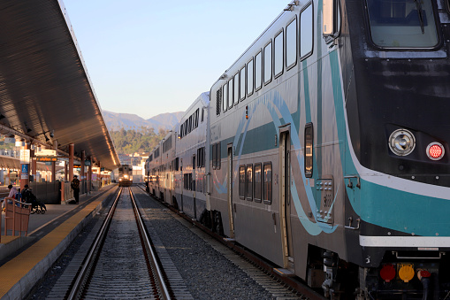 Los Angeles, California, USA - February 13, 2022: Metrolink and Amtrak trains - Los Angeles Union Station.