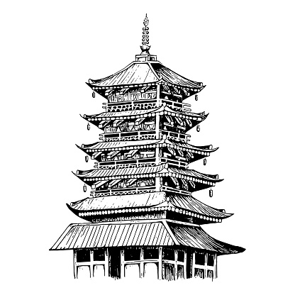 hand drawn illustration of buddhist temple pagoda architecture in engraved style, isolated on white background