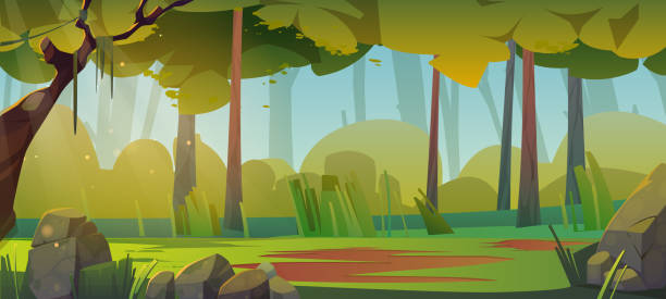 letni krajobraz leśny z polaną, zieloną trawą - fantasy sunbeam backgrounds summer stock illustrations