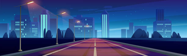 ilustraciones, imágenes clip art, dibujos animados e iconos de stock de carretera a la ciudad nocturna autopista vacía con farolas - scenics highway road backgrounds