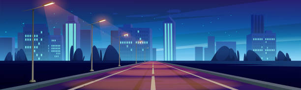 illustrations, cliparts, dessins animés et icônes de route vers la ville de nuit autoroute vide avec lampadaires - scenics highway road backgrounds