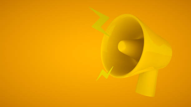 istock Marketing time concept, realistic 3D yellow megaphone, loudspeaker with lightning. 1370421088