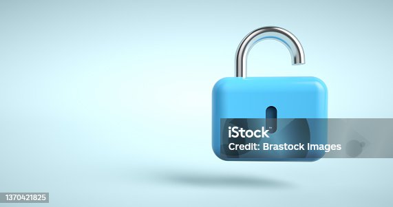 istock Lock icon. 3d padlock on blue abstract background. minimal concept. 1370421825