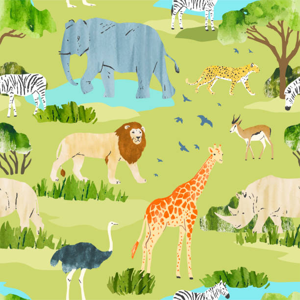 アフリカの動物とのベクターシームレスなパターン。白い背景に隔離された野生動物や木。テキスタイル、包装紙、ページ塗りつぶし、ウェブデザイン、壁紙 - appliqué点のイラスト素材／クリップアート素材／マンガ素材／アイコン素材