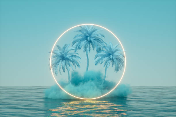 istock Summer holiday travel concept neon lighting glowing light frame, cloud and palm tree over sea blue background 1370428600