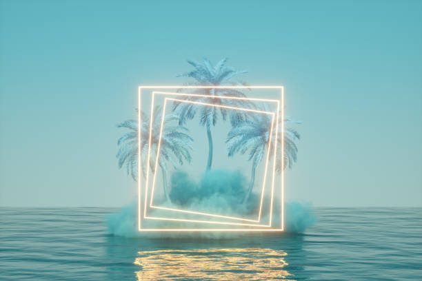 istock Summer holiday travel concept neon lighting glowing light frame, cloud and palm tree over sea blue background 1370428634
