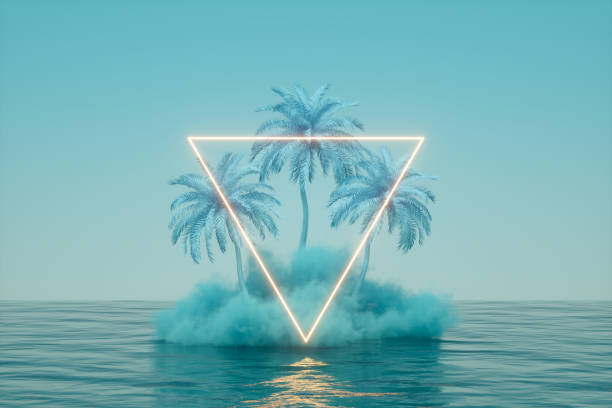 istock Summer holiday travel concept neon lighting glowing light frame, cloud and palm tree over sea blue background 1370428675