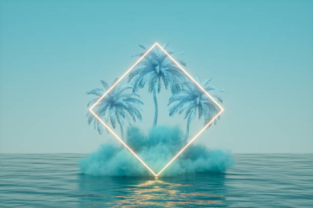 istock Summer holiday travel concept neon lighting glowing light frame, cloud and palm tree over sea blue background 1370428707