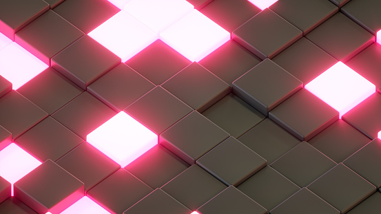 Light cubes black background 3d render technology background. Neon lighting effect. Blockchain, big data concept.