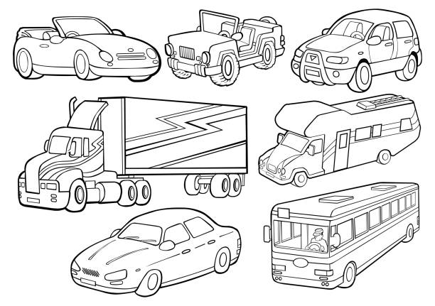 Collection Different Automobile Truck Bus Colouring Page For Kids And  Adults Stock Illustration - Download Image Now - Istock