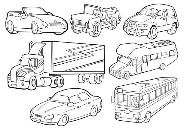 Vector illustration of Collection different  automobile, truck, bus - colouring page for kids and adults