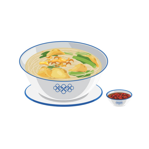 fish soup bee hoon Fish soup bee hoon a bowl of Singaporean aromatic rice noodle soup top with crispy shallot. traditional malaysian food stock illustrations