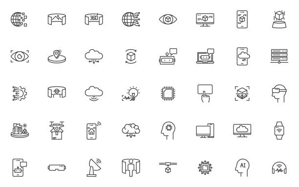 ilustrações de stock, clip art, desenhos animados e ícones de set of technology line icons, vr, ar, ai, iot - virtual reality simulator