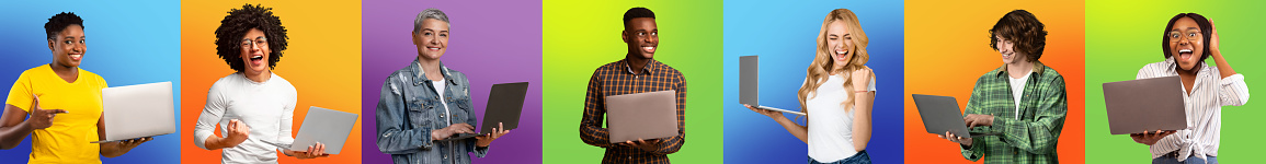 Online Profit. Cheerful Multiethnic People Celebrating Success With Laptops Over Bright Backgrounds, Diverse Happy Men And Women With Computers Posing On Colorful Backdrops, Collage, Panorama