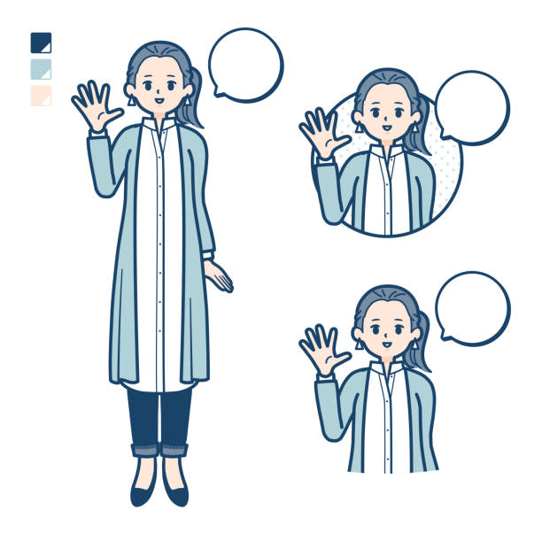 A woman in a long shirt with greeting images A woman in a long shirt with greeting images.It's vector art so it's easy to edit. par stock illustrations