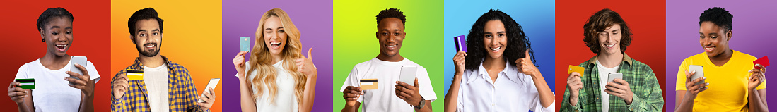Easy Money Transfer. Portraits of cheerful multiracial men and women showing debit credit card, holding using cell phones. People making online payment standing isolated on different studio background