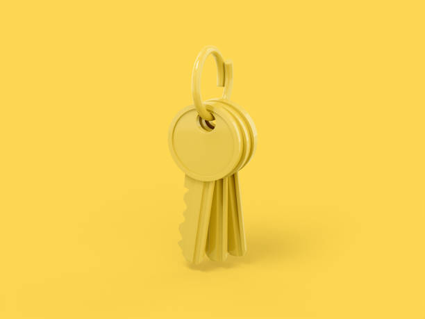 istock Yellow one color bunch of keys on a yellow flat background. Minimalistic design object. 3d rendering icon ui ux interface element. 1370434199