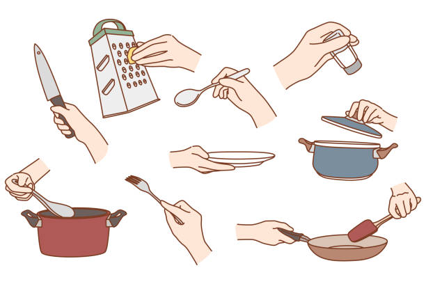 zestaw osób korzystających z narzędzi kuchennych do gotowania - spoon vegetable fork plate stock illustrations