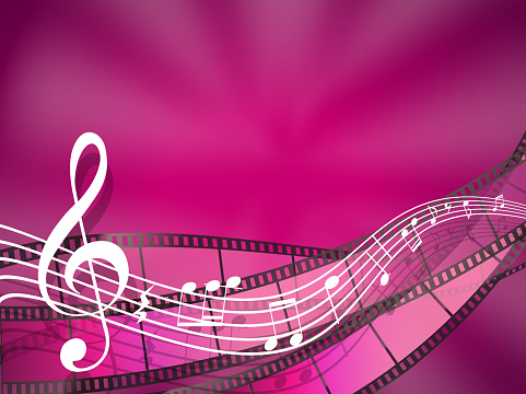 cinema and music background with filmstrips and treble clef with sound notes, soundtrack background with waving musical lines and note. vector illustration