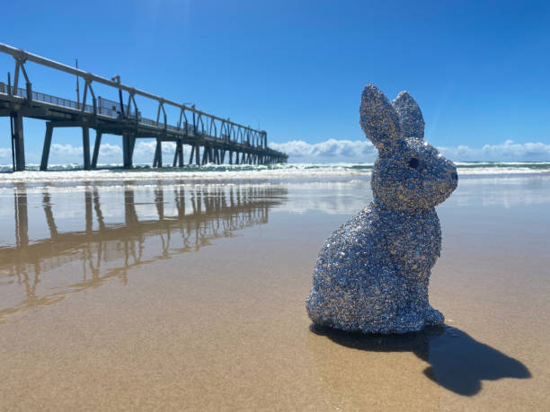 istock Silver sparkly glitter Easter Bunny at the beach looking out to the side.  Sitting on the sand at the waters edge. Blue ocean and sky in the background.  Sand pumping jetty reflections on the sand.  Gold Coast Queensland Australia 1370435775