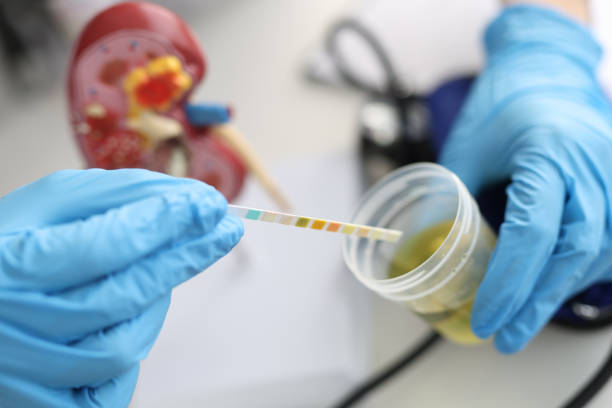 médico urologista fazendo teste de urina expresso usando close-up de papel indicador - litmus test - fotografias e filmes do acervo