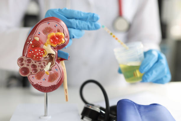 Artificial model of kidney and ureter of human standing on table of urologist doctor with urine test closeup stock photo