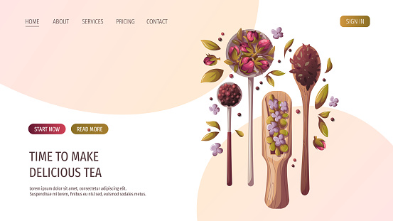 Spoons and scoop of loose tea, ingredients. Tea shop, cafe-bar, tea lover, tea party, kitchen concept. Vector illustration for poster, banner, website, menu, advertising.