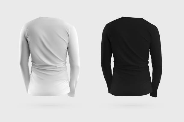 istock Mockup of white, black tight sweatshirt, longsleeve 3D rendering, back view, apparel for men, isolated on background. 1370443774