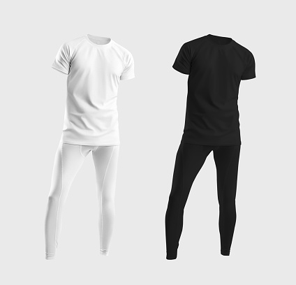 White, black compression underwear mockup, t-shirt, pants 3D rendering, for design, print, pattern. Men's tracksuit template. Set of leggings, men's sportswear for advertising, isolated on background