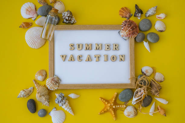 istock Composition sheet white paper text SUMMER VACATION, seashells, pebbles, mockup on yellow background. Blank, top view, still life, flat lay. sea vacation travel concept tourism and resorts 1370444129
