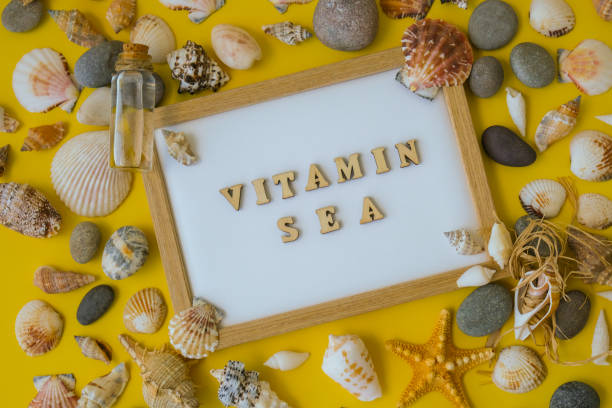 istock Composition sheet white paper text VITAMIN SEA, seashells, pebbles, mockup on yellow background. Blank, top view, still life, flat lay. sea vacation travel concept tourism and resorts 1370444217