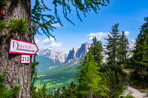 Signpost of the Dolomieu Panoramic Trail, a very scenographic footpath with view on the town of Cortina d’Ampezzo and the Dolomites